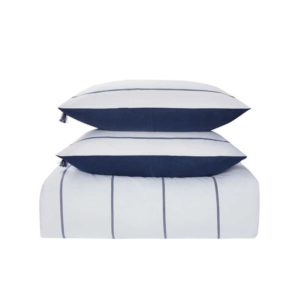 C. Wonder Comforter Set Unisex Full Queen White Navy New Striped Tassel Bedding